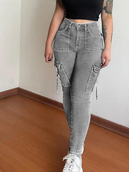 🤲🔥MID YEAR SALE🔥Women's Plain Multi-pocket Denim Elastic Slim Fit Button Cargo Denim Pants