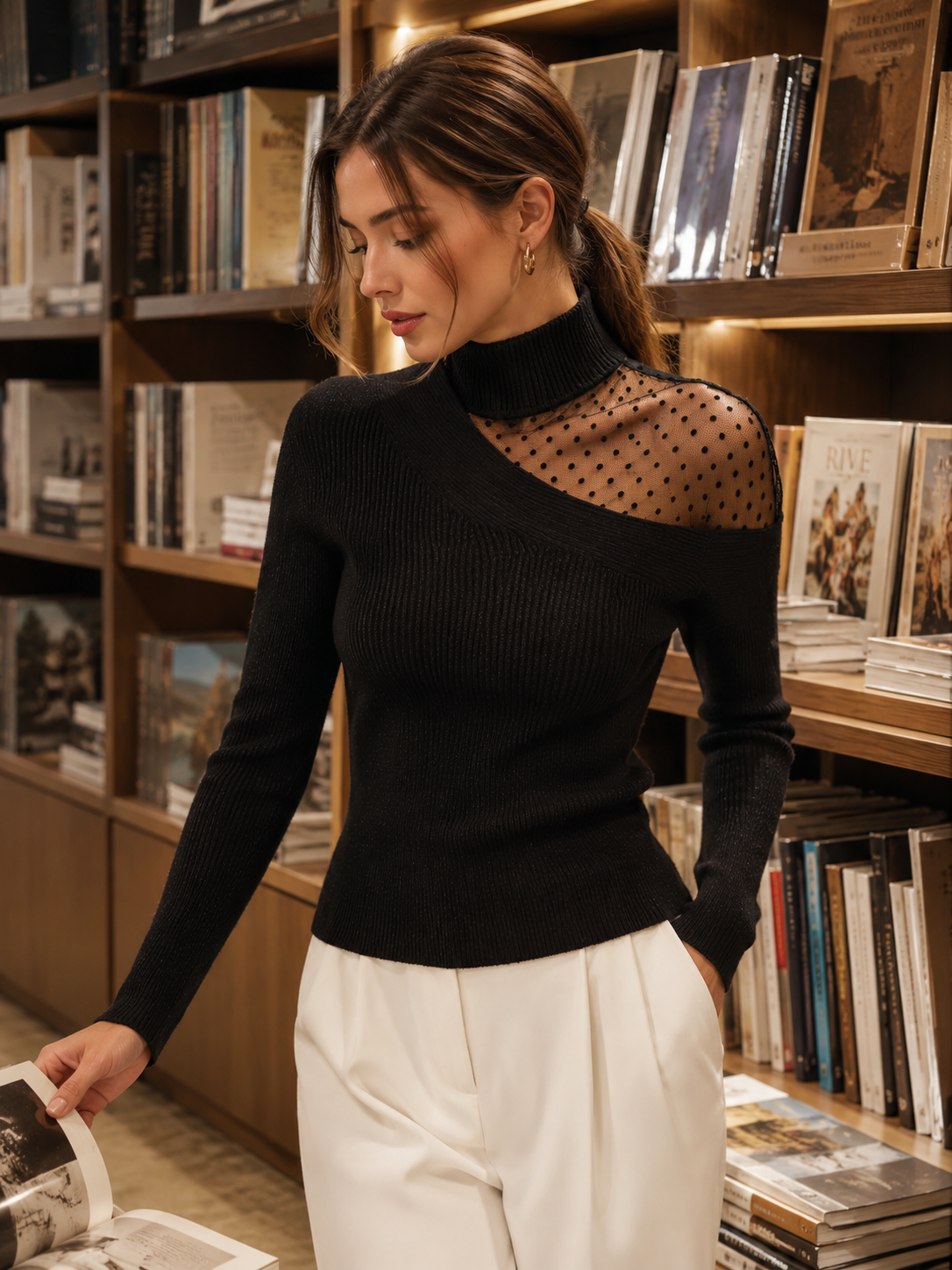 Women's Asymmetrical Sheer Polka Dot Knit Sweater | Elegant Mock Neck Long Sleeve Top