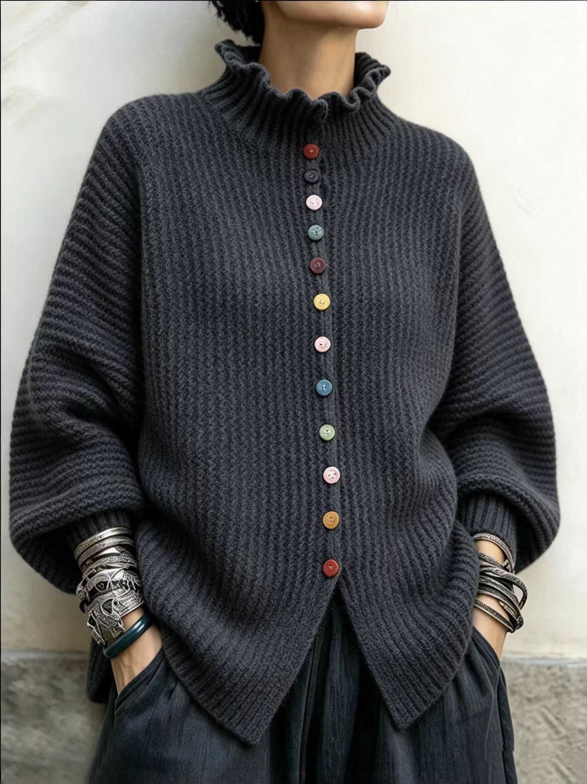 🤲LAST DAY SAVE 49% ⏰Vibrant Ruffled Turtleneck Sweater With Colorful Rainbow Buttons