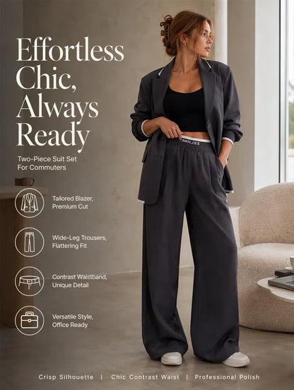 🌸🌸🛍️Fresh Launch Chic Commuter Suit Set – Oversized Tailored Blazer & Contrast Waistband Wide Leg Trousers