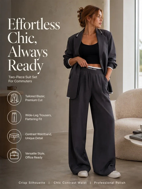 🌸🌸🛍️Fresh Launch Chic Commuter Suit Set – Oversized Tailored Blazer & Contrast Waistband Wide Leg Trousers