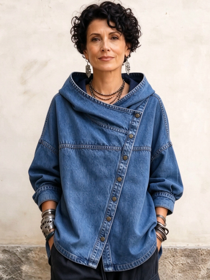 🤲LAST DAY SAVE 49% ⏰Women's Chic Denim Hooded Jacket - Relaxed Asymmetric Button Front Top
