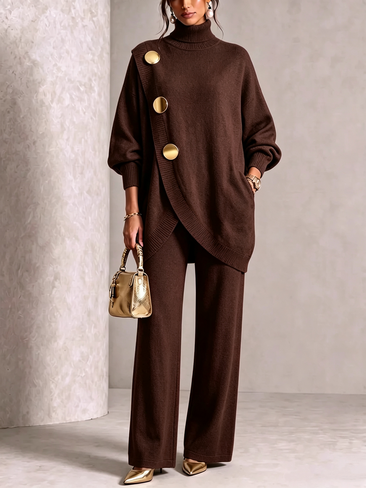🤲LAST DAY SAVE 49% ⏰Elegant Burgundy Knit Asymmetrical Button Set— FREE Handbag