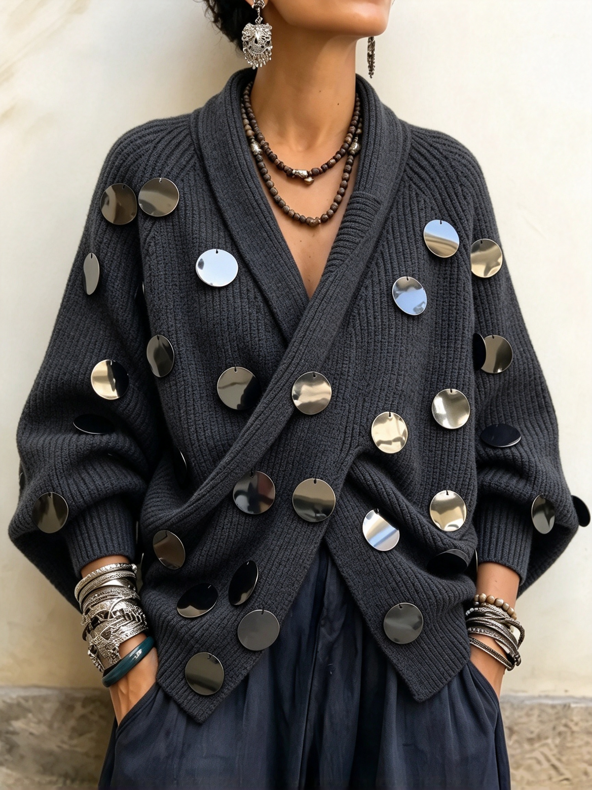 🤲LAST DAY SAVE 49% ⏰Embellished Metallic-Disk Wrap Cardigan