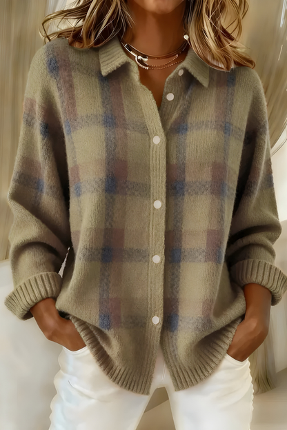 Women's Relaxed Plaid Cardigan | Cozy Button-Up Knit Sweater