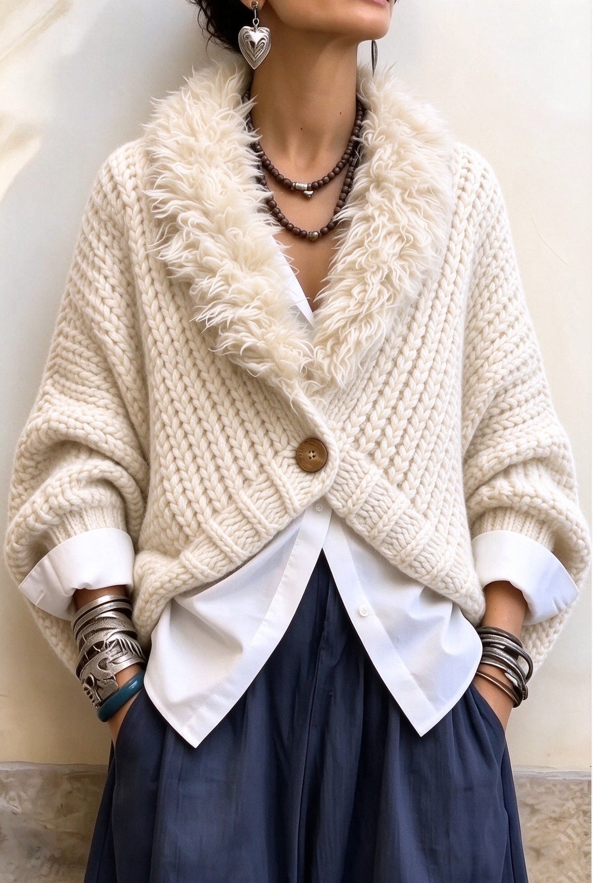 🤲LAST DAY SAVE 49% ⏰Luxury Faux Fur Collar Chunky Knit Cardigan