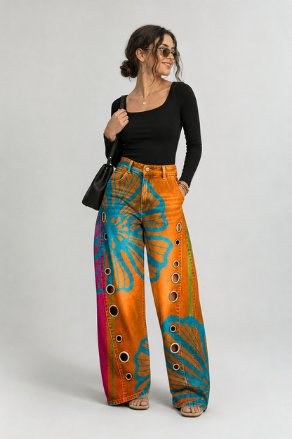 Women's Retro Floral Print Jeans | High Waist Casual Straight Leg Pants