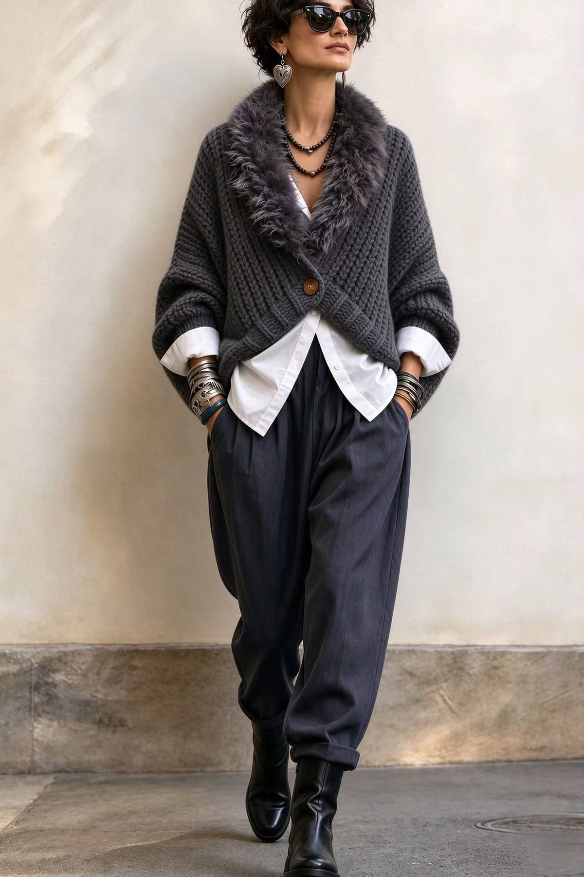 🤲LAST DAY SAVE 49% ⏰Luxury Faux Fur Collar Chunky Knit Cardigan