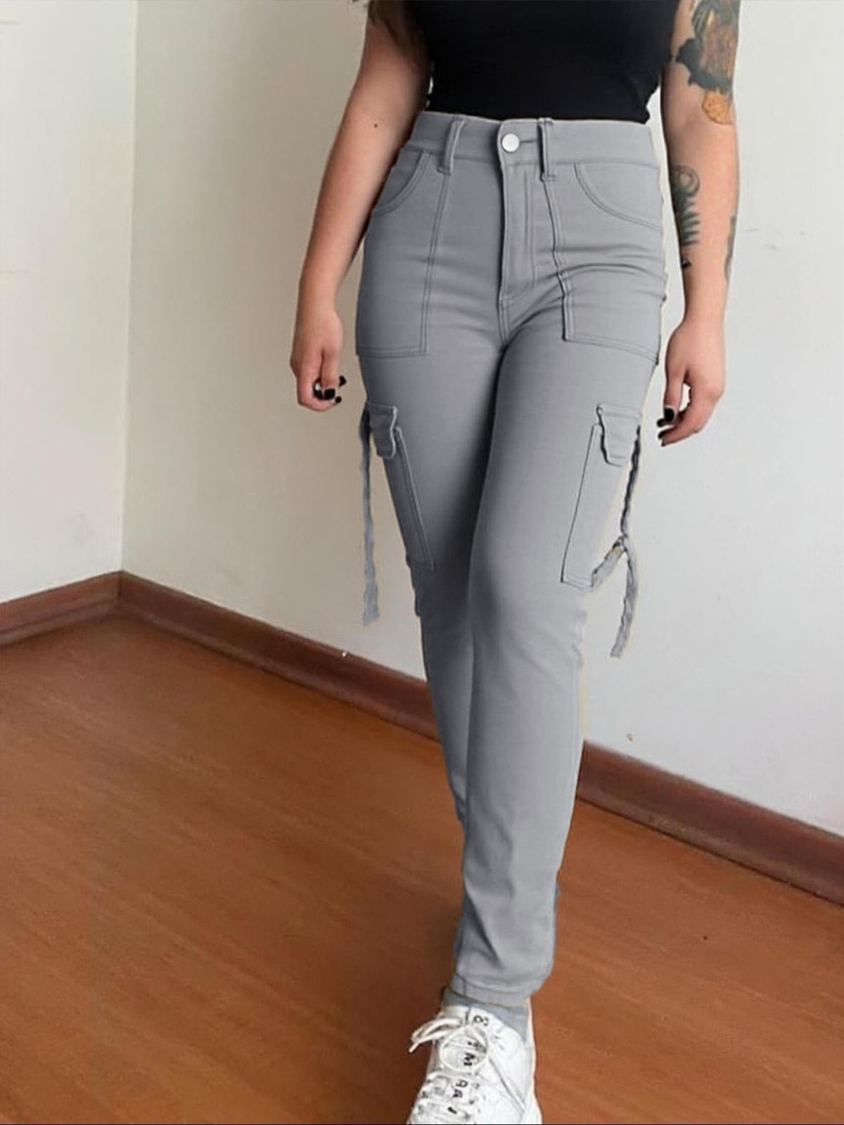 🤲🔥MID YEAR SALE🔥Women's Plain Multi-pocket Denim Elastic Slim Fit Button Cargo Denim Pants