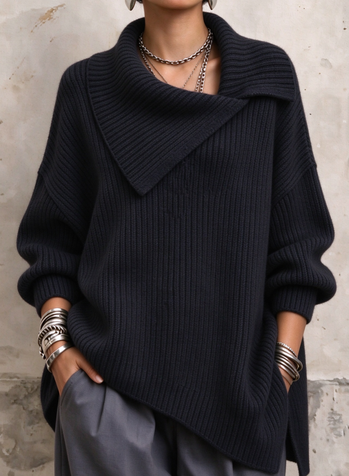 🤲LAST DAY SAVE 49% ⏰Asymmetric Fold‑Over Collar Chunky Ribbed Sweater