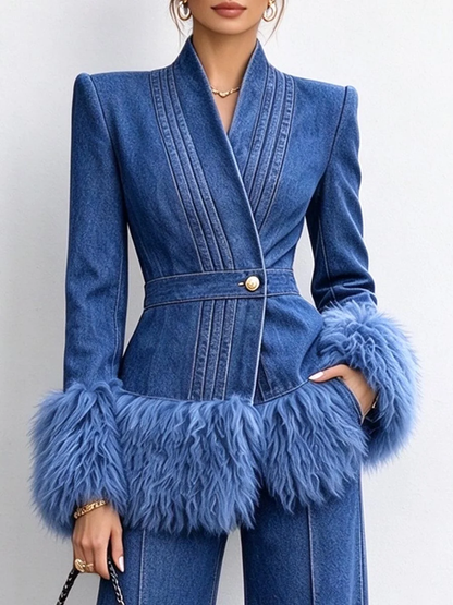 🤲LAST DAY SAVE 49% ⏰Women's Tailored Denim Jacket with Faux Fur Trim-FREE Handbag