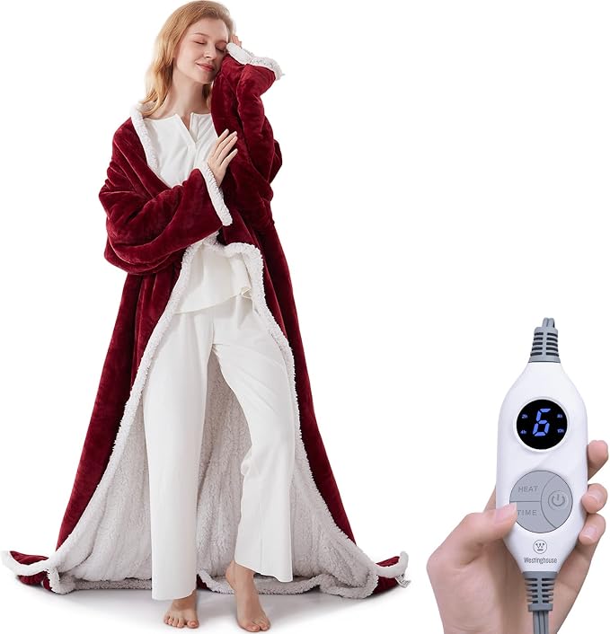 🤲🔥Wearable Heated Blanket with Foot Pocket Sherpa🔥Overheat Protection & Auto Shut-Off