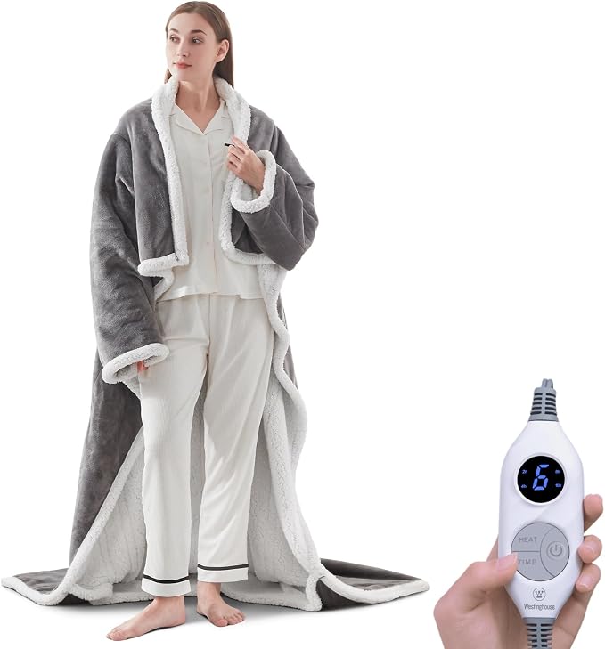 🤲🔥Wearable Heated Blanket with Foot Pocket Sherpa🔥Overheat Protection & Auto Shut-Off