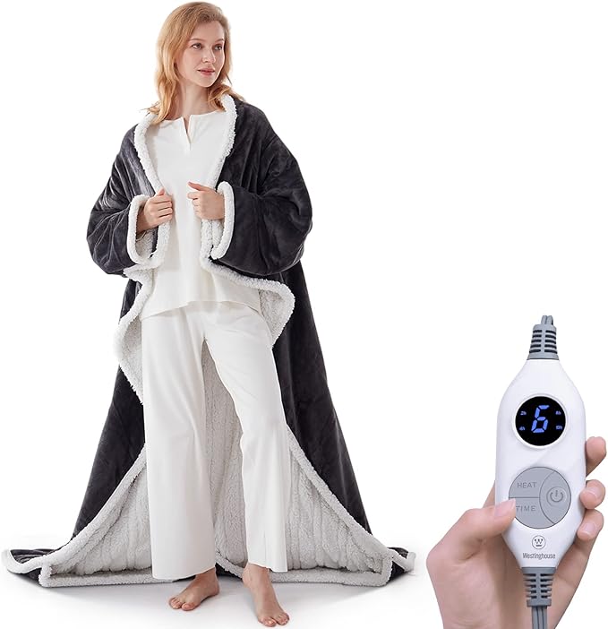 🤲🔥Wearable Heated Blanket with Foot Pocket Sherpa🔥Overheat Protection & Auto Shut-Off