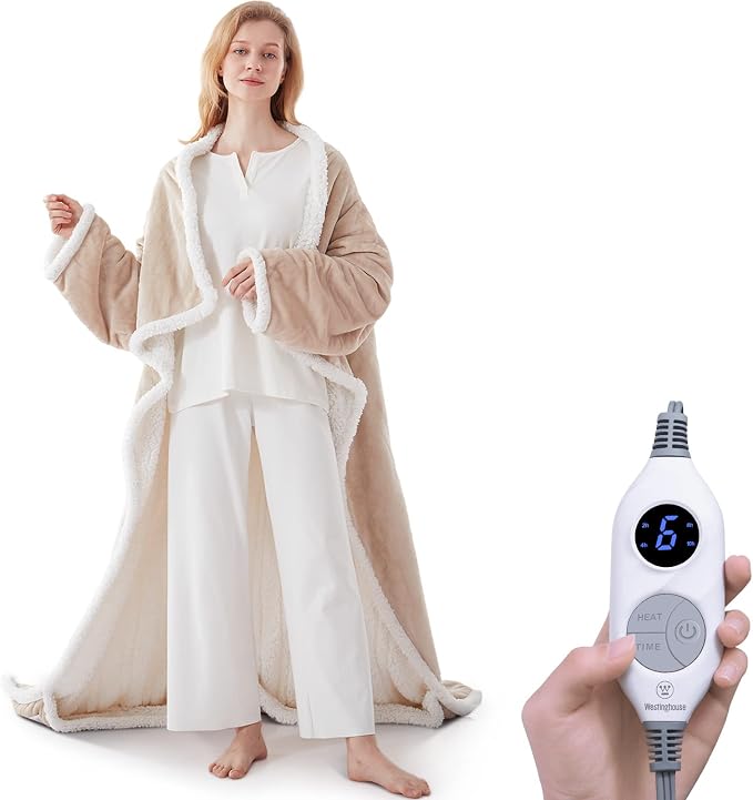 🤲🔥Wearable Heated Blanket with Foot Pocket Sherpa🔥Overheat Protection & Auto Shut-Off