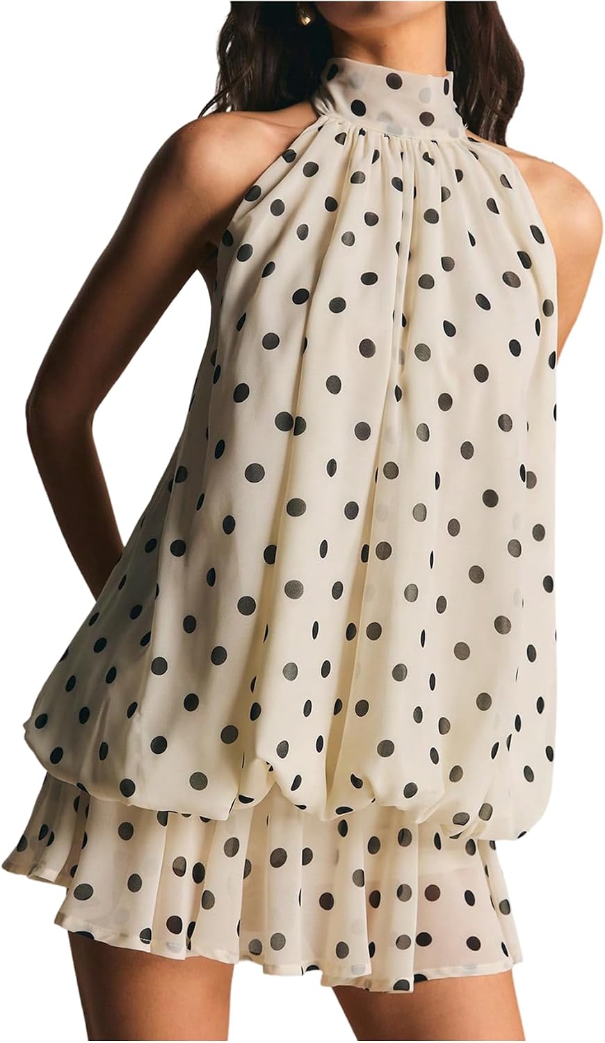 💥Limited Time Offer | Women's Plaid Halter Mini Dress - Ruffle Bubble Hem Going Out Dress