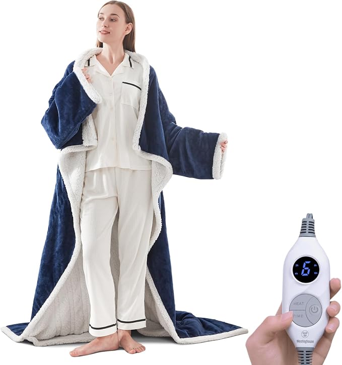 🤲🔥Wearable Heated Blanket with Foot Pocket Sherpa🔥Overheat Protection & Auto Shut-Off