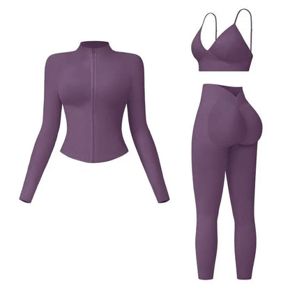 🤲Women's tank top, high-waisted leggings, and zip-up jacket 3-piece sportswear set.