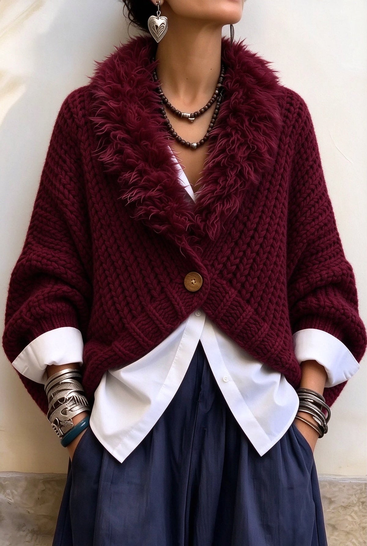 🤲LAST DAY SAVE 49% ⏰Luxury Faux Fur Collar Chunky Knit Cardigan