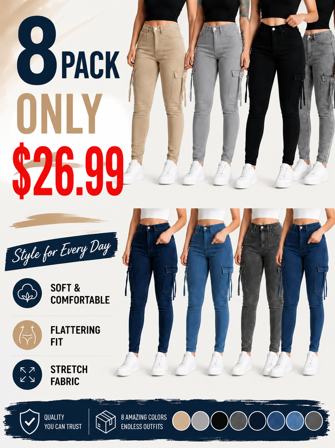 🤲🔥MID YEAR SALE🔥Women's Plain Multi-pocket Denim Elastic Slim Fit Button Cargo Denim Pants