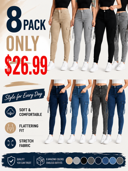 🤲🔥MID YEAR SALE🔥Women's Plain Multi-pocket Denim Elastic Slim Fit Button Cargo Denim Pants