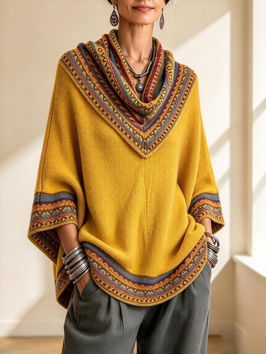 🤲LAST DAY SAVE 49% ⏰Boho Cozy Mustard Yellow Oversized Raped Cowl Knit Top
