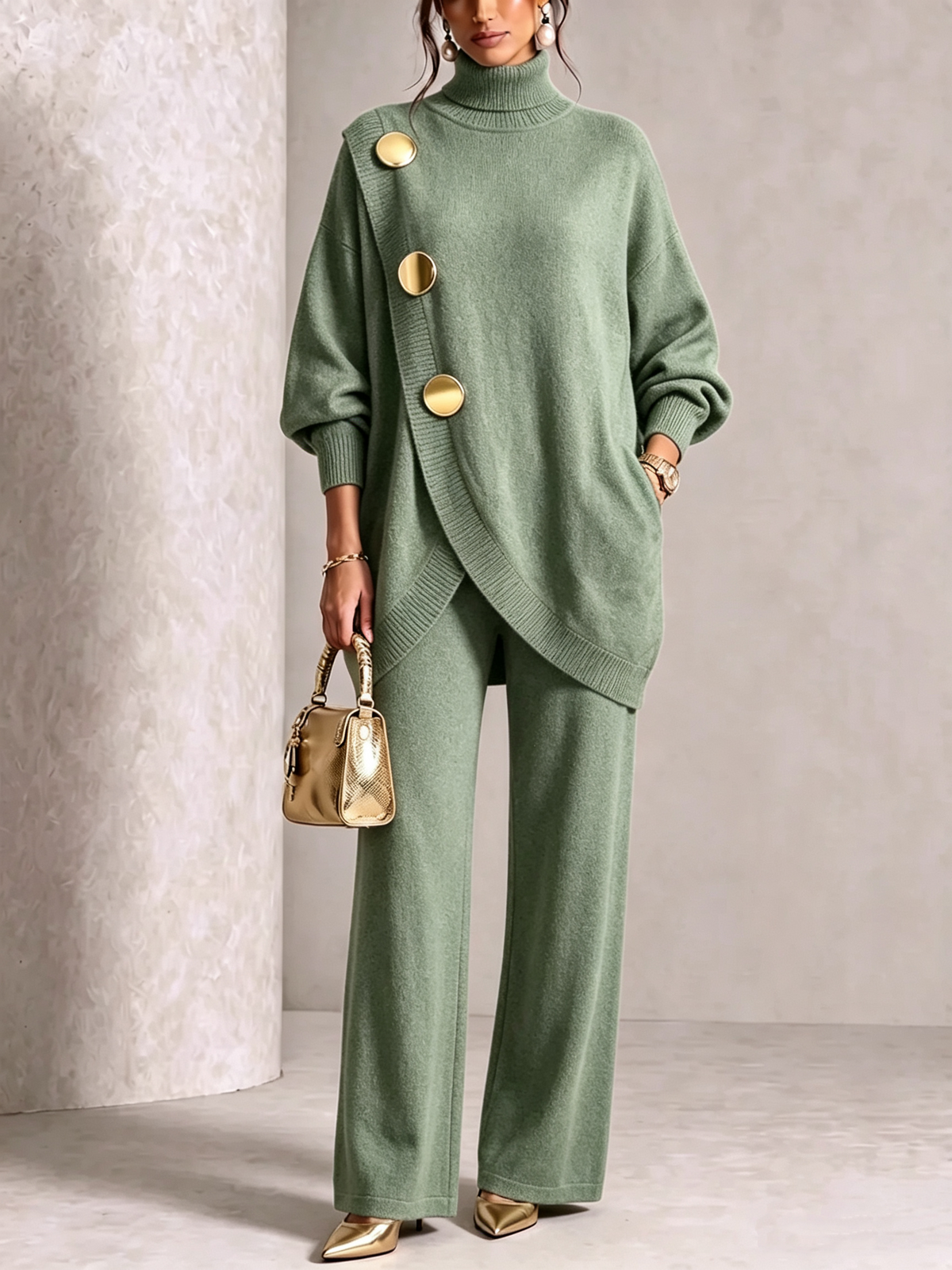 🤲LAST DAY SAVE 49% ⏰Elegant Burgundy Knit Asymmetrical Button Set— FREE Handbag