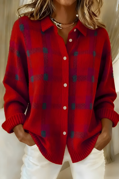 Women's Relaxed Plaid Cardigan | Cozy Button-Up Knit Sweater