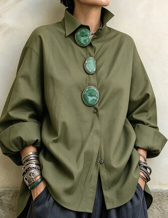 🤲LAST DAY SAVE 49% ⏰Chic Oversized Statement Green Buttons Shirt