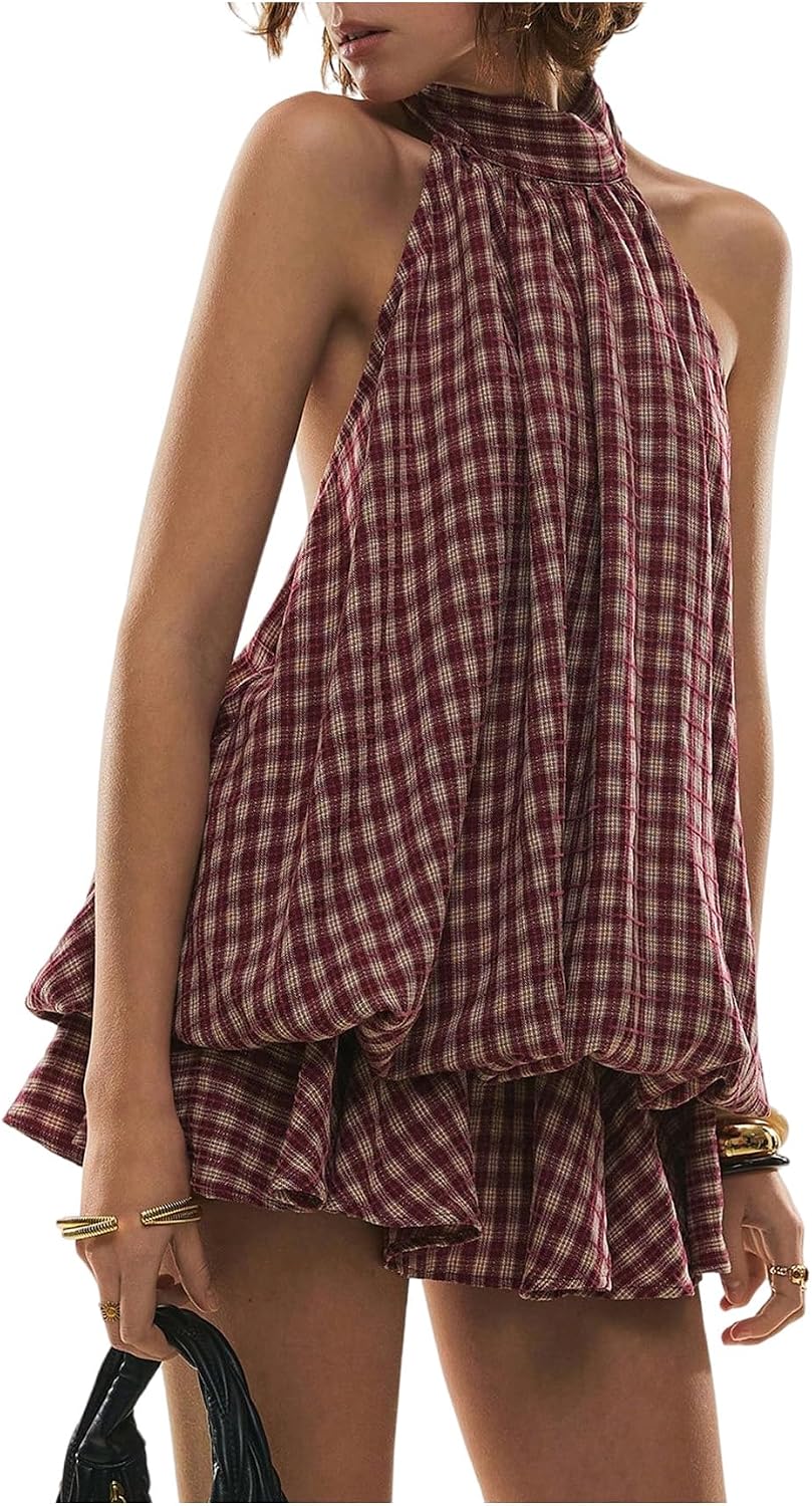 💥Limited Time Offer | Women's Plaid Halter Mini Dress - Ruffle Bubble Hem Going Out Dress