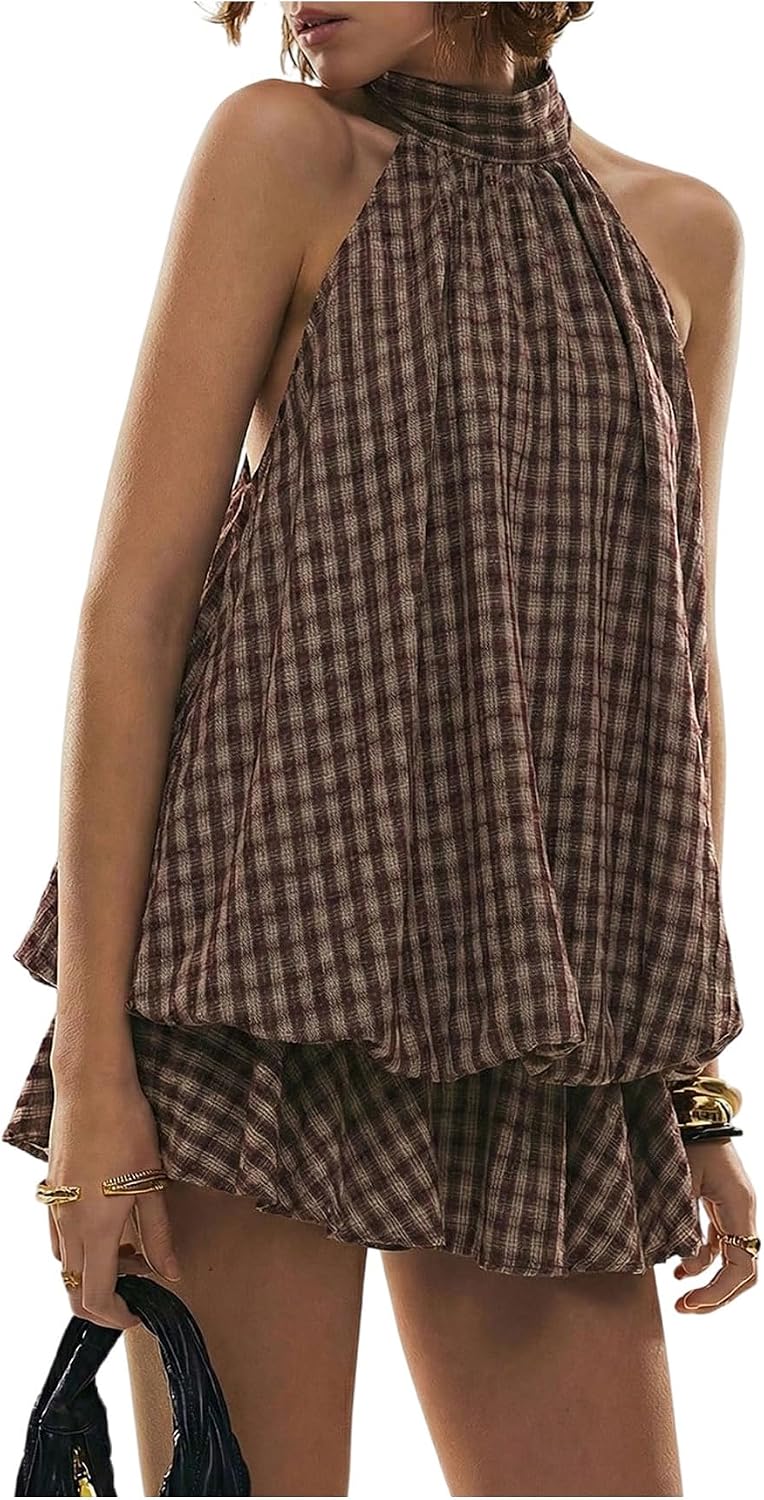 💥Limited Time Offer | Women's Plaid Halter Mini Dress - Ruffle Bubble Hem Going Out Dress
