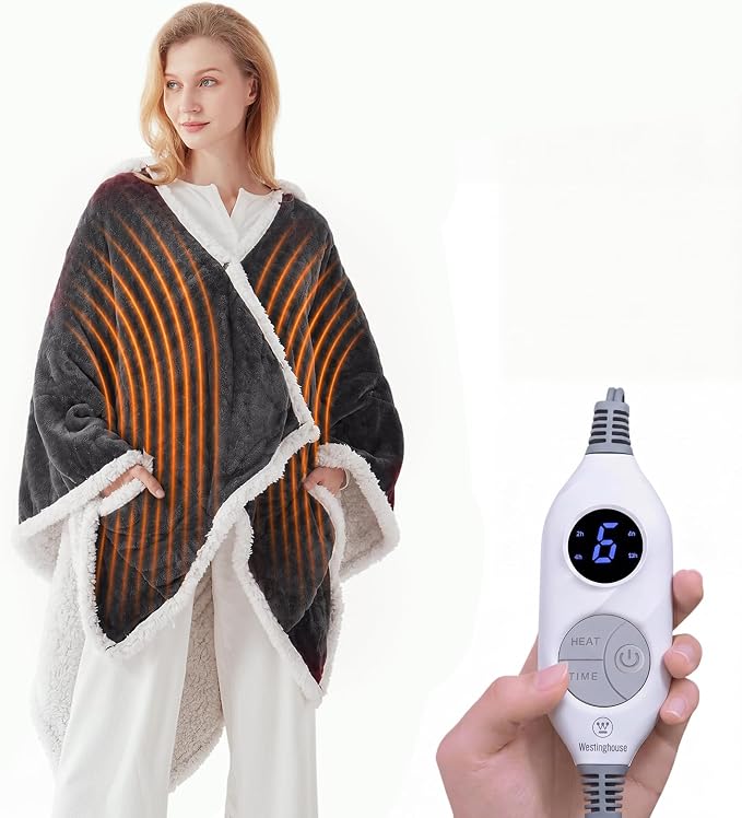 🤲🔥Wearable Heated Blanket with Foot Pocket Sherpa🔥Overheat Protection & Auto Shut-Off