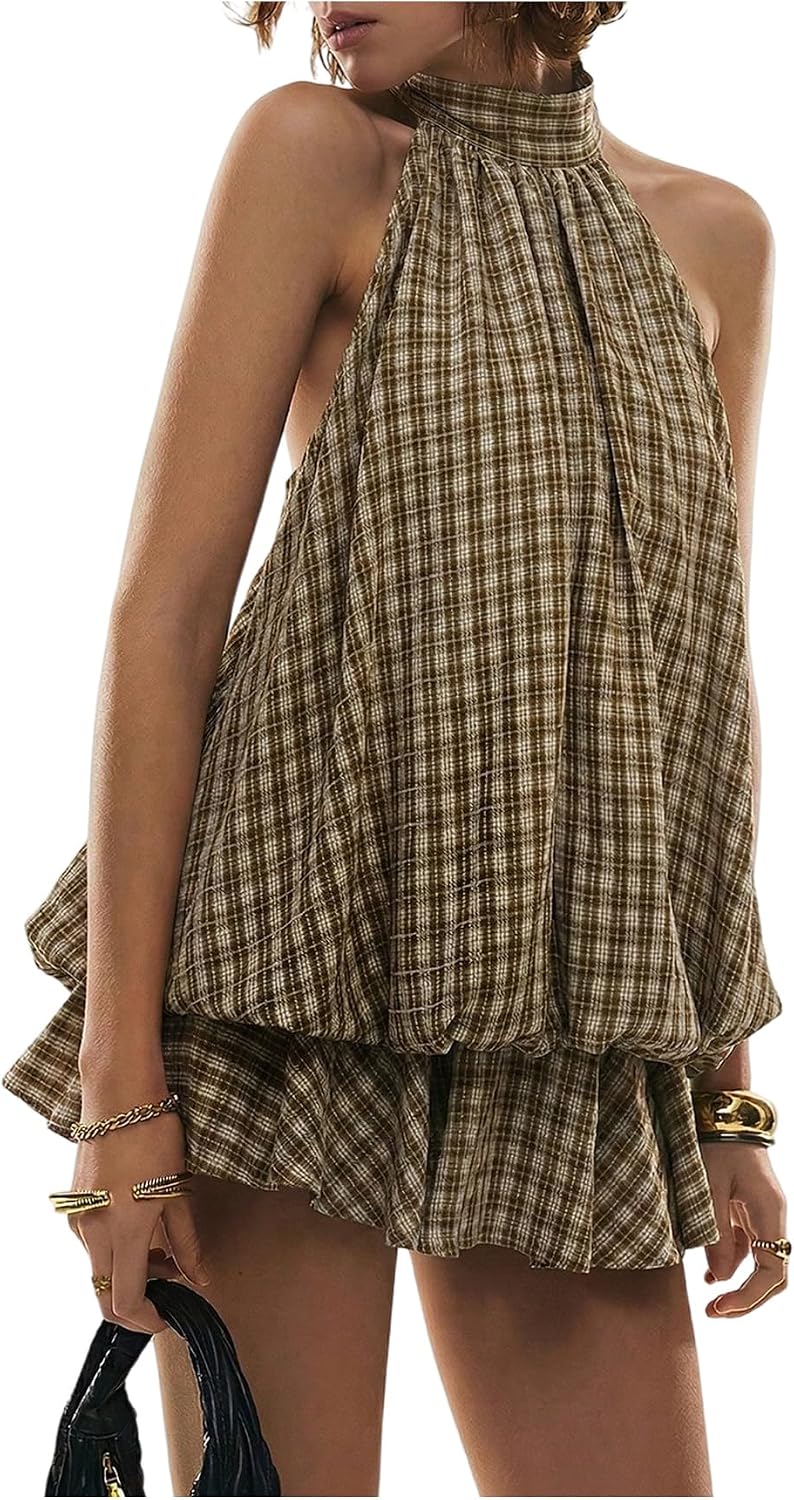 💥Limited Time Offer | Women's Plaid Halter Mini Dress - Ruffle Bubble Hem Going Out Dress