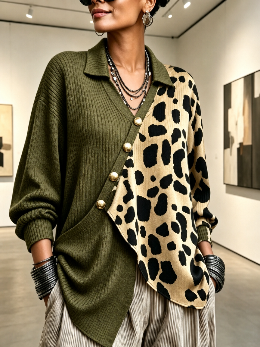 🤲LAST DAY SAVE 49% ⏰Chic Bold Leopard Color-block Asymmetric Sweater