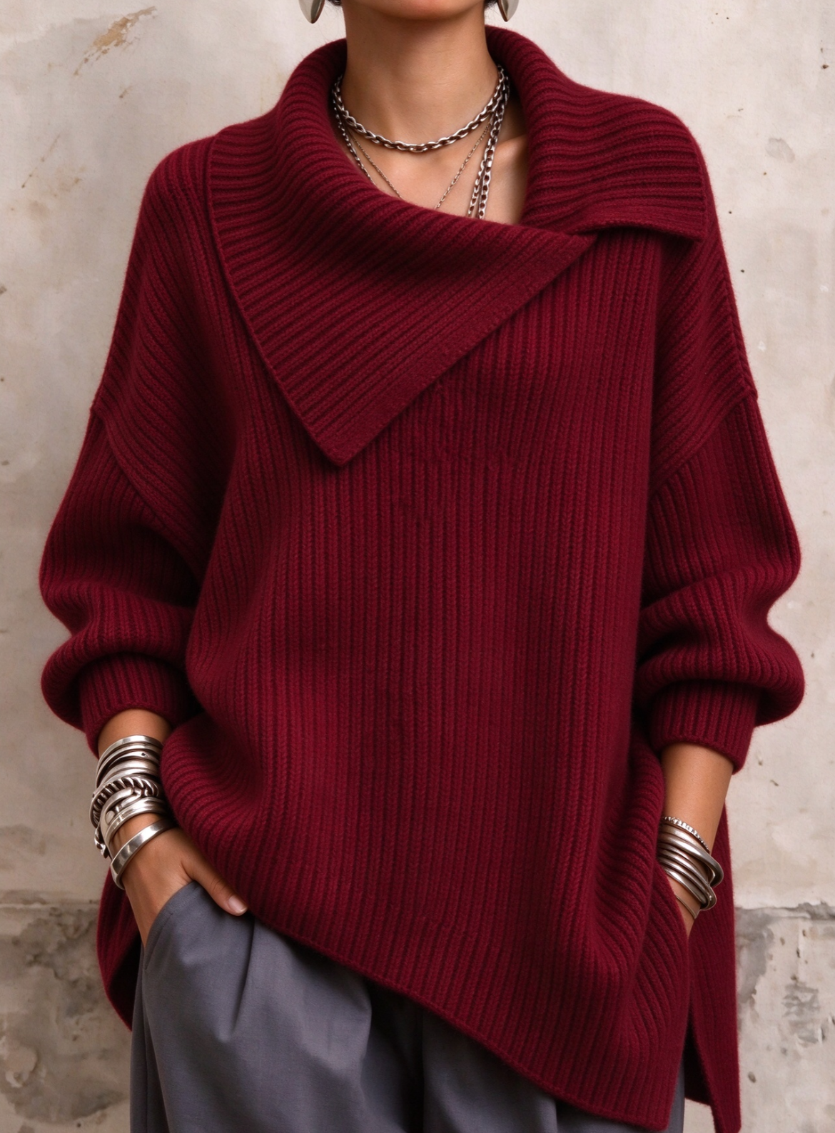 🤲LAST DAY SAVE 49% ⏰Asymmetric Fold‑Over Collar Chunky Ribbed Sweater