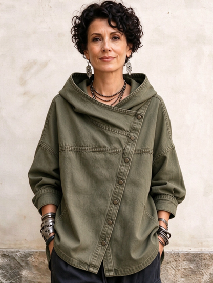 🤲LAST DAY SAVE 49% ⏰Women's Chic Denim Hooded Jacket - Relaxed Asymmetric Button Front Top