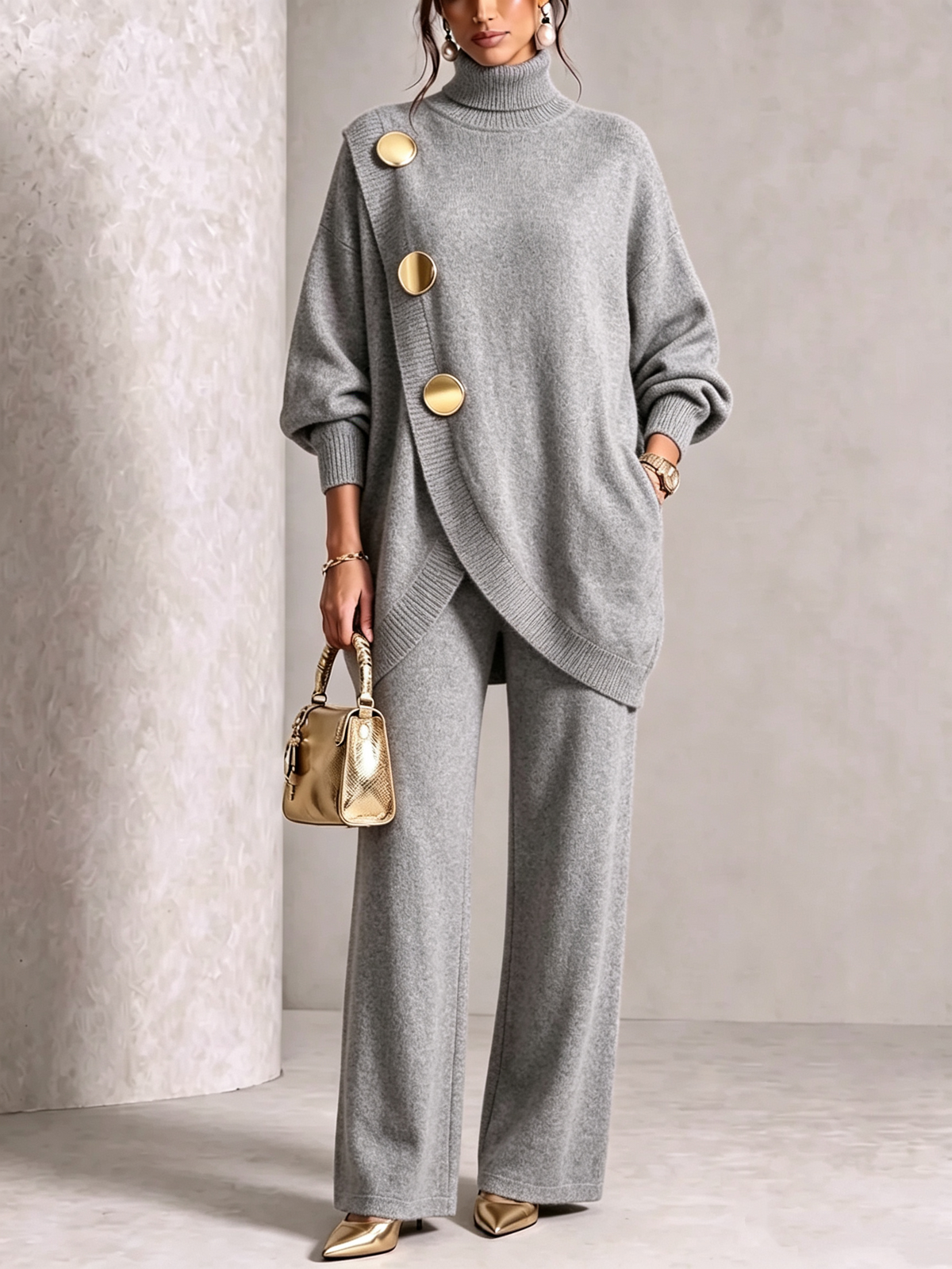 🤲LAST DAY SAVE 49% ⏰Elegant Burgundy Knit Asymmetrical Button Set— FREE Handbag