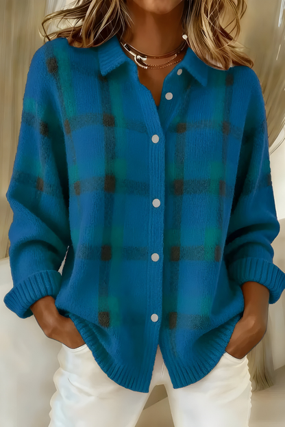 Women's Relaxed Plaid Cardigan | Cozy Button-Up Knit Sweater