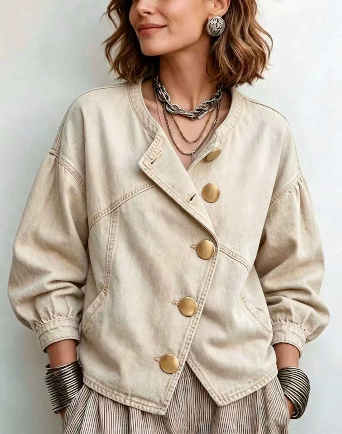 🤲LAST DAY SAVE 49% ⏰Asymmetrical Slant Gold Button Lantern Sleeve Denim Jacket