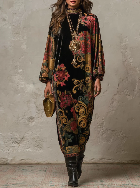 🤲LAST DAY SAVE 49% ⏰Vintage-style Printed Velvet Midi Dress