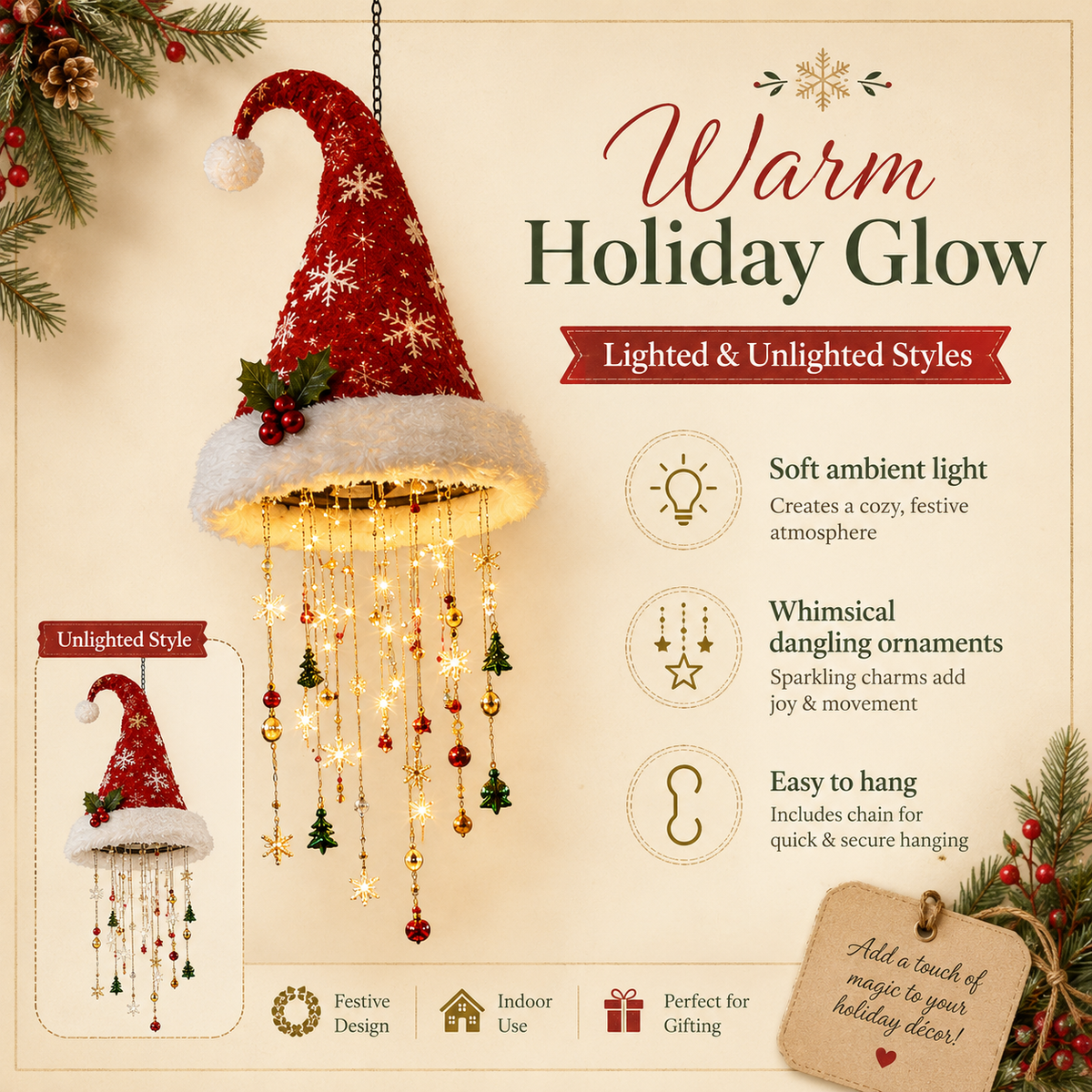Lighted Santa Hat Hanging Decoration – Christmas LED Lights
