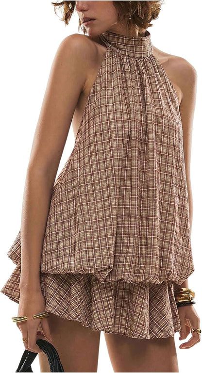 💥Limited Time Offer | Women's Plaid Halter Mini Dress - Ruffle Bubble Hem Going Out Dress