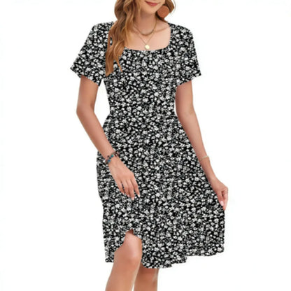 🤲Women Square Neck Ditsy Floral Dress, Ruffle Empire Waist A-Line Sundress With Pockets