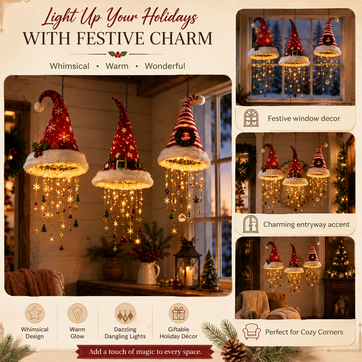 Lighted Santa Hat Hanging Decoration – Christmas LED Lights