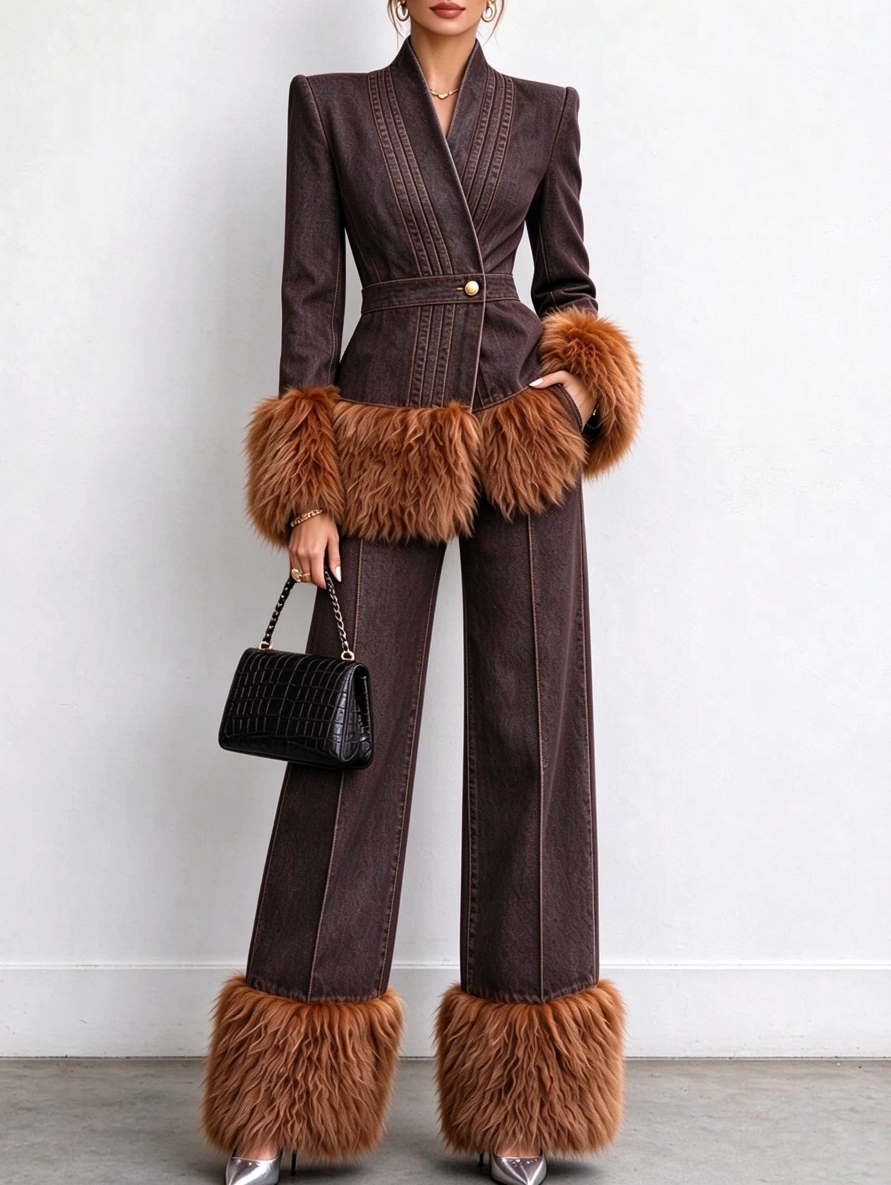 🤲LAST DAY SAVE 49% ⏰Women's Tailored Denim Jacket with Faux Fur Trim-FREE Handbag