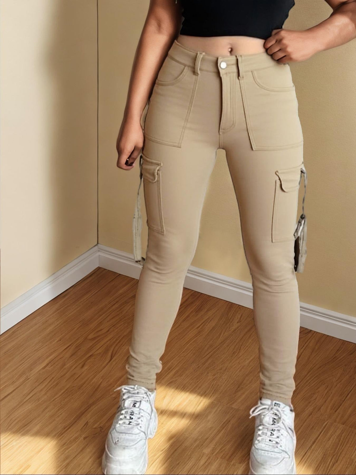 🤲🔥MID YEAR SALE🔥Women's Plain Multi-pocket Denim Elastic Slim Fit Button Cargo Denim Pants