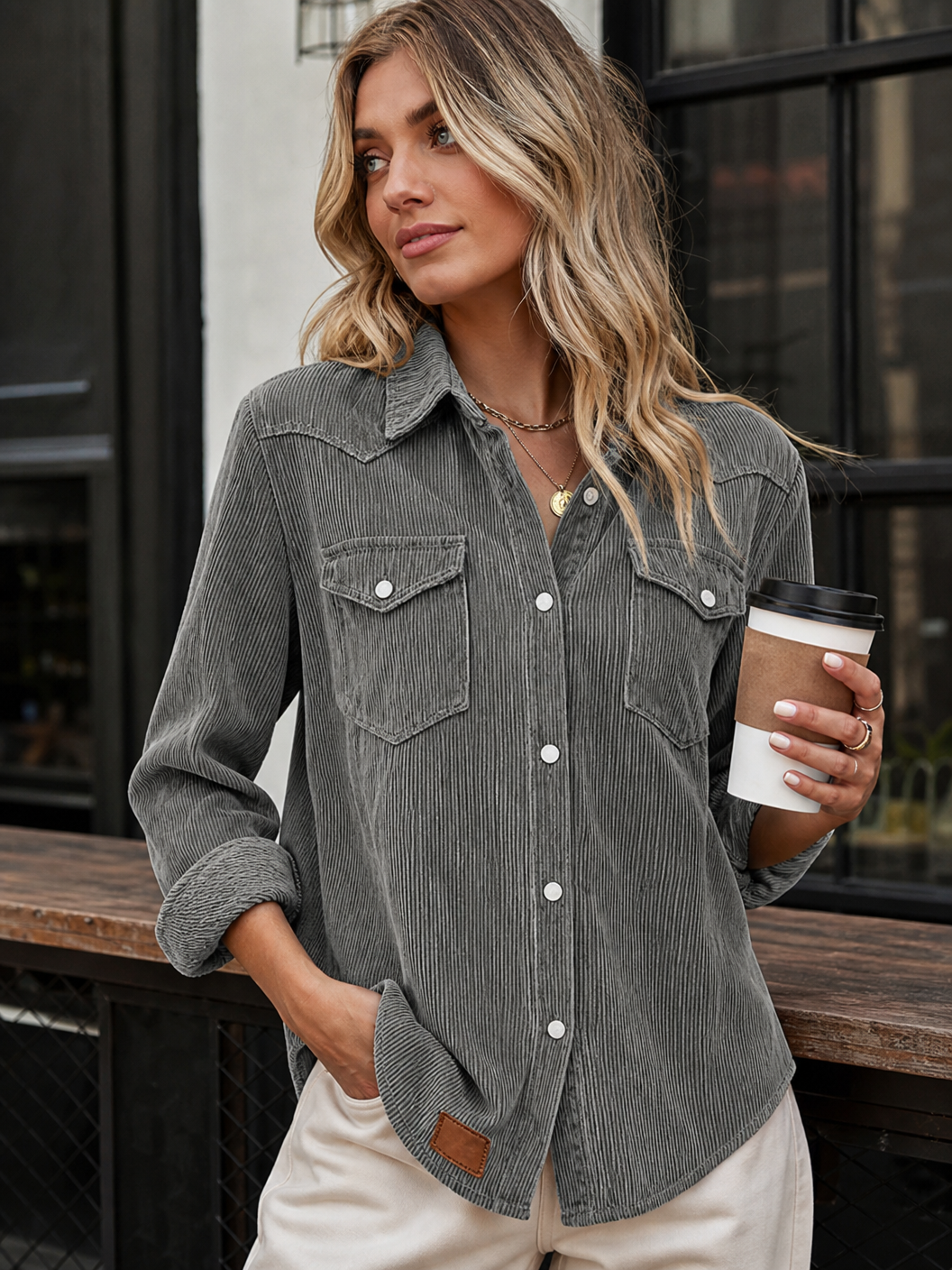 🌸🔥Bestseller🏆Flap Pocket Button Front Ribbed Knit Top👚