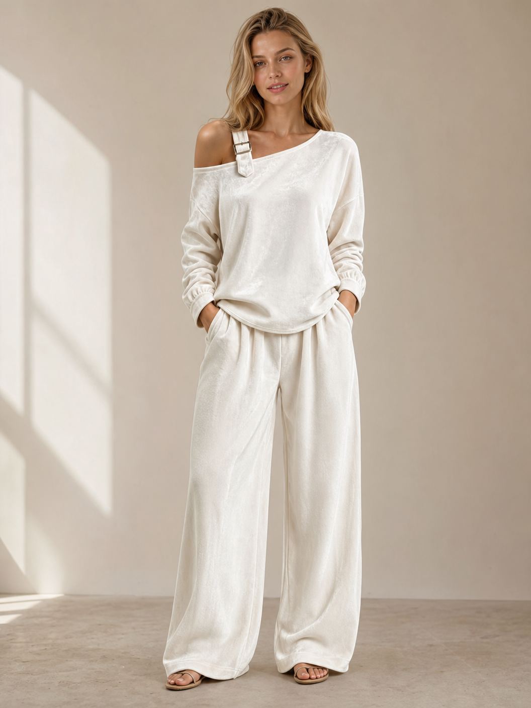 🌸🌸⭐Women's Off Shoulder 2-Piece Outfit, Wide Leg Pants 🔥