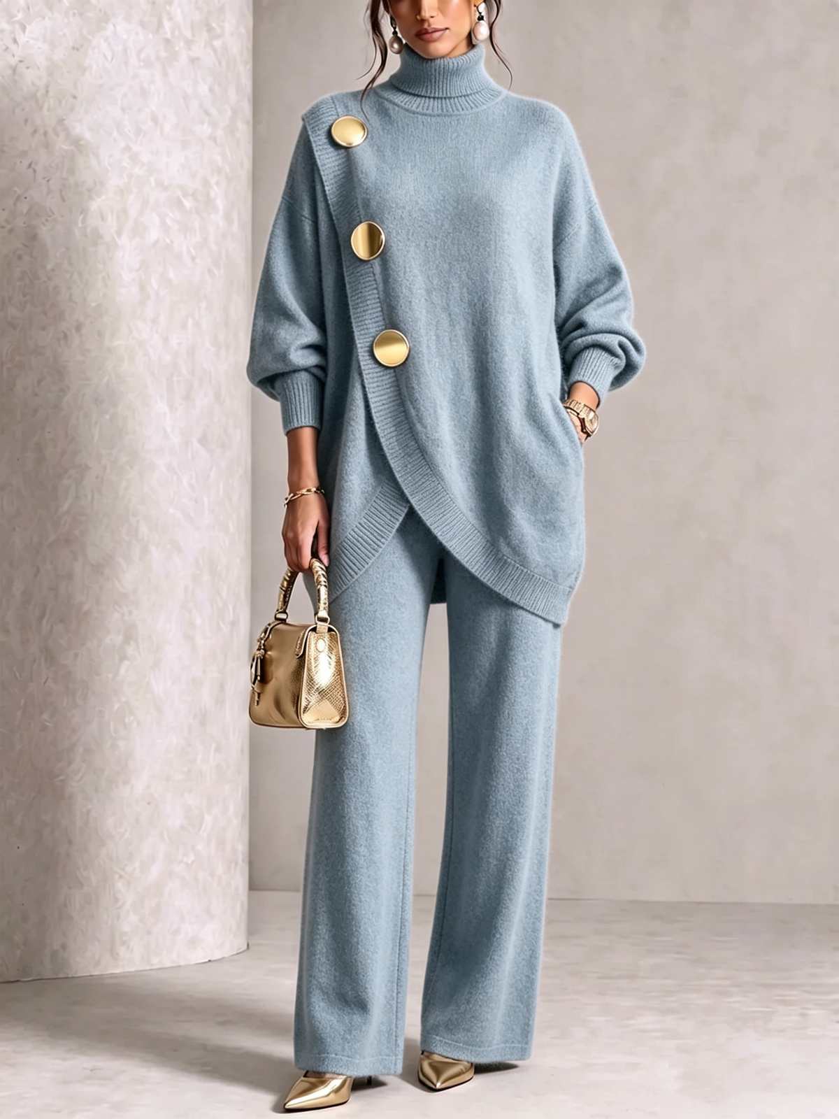 🤲LAST DAY SAVE 49% ⏰Elegant Burgundy Knit Asymmetrical Button Set— FREE Handbag