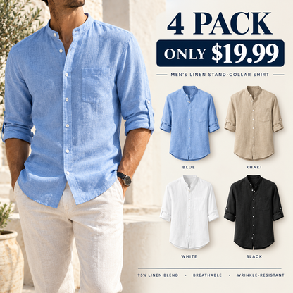 Men's Linen Stand Collar Shirt | Casual Long Sleeve Button-Up